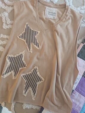 SALE!! Star tee shirt, tea dyed cropped tee shirt w vintage ticking stars